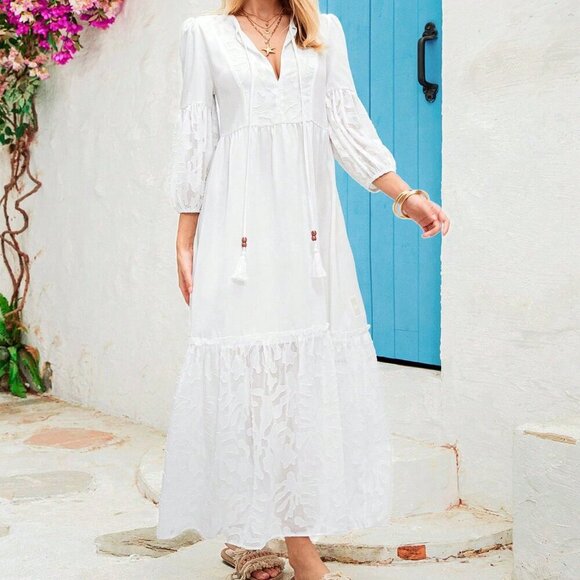 White Boho Women's Loose Tie Neck Ruffled Hem Long Sleeve Dress - Picture 7 of 7